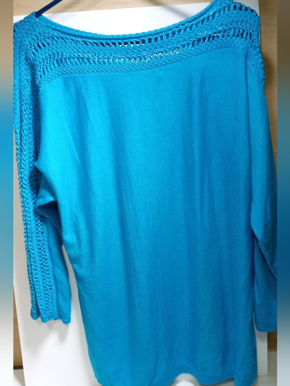 Lauren Ralph Lauren Blue Crochet Yoke 3/4 Sleeve Knit Pullover Top XL